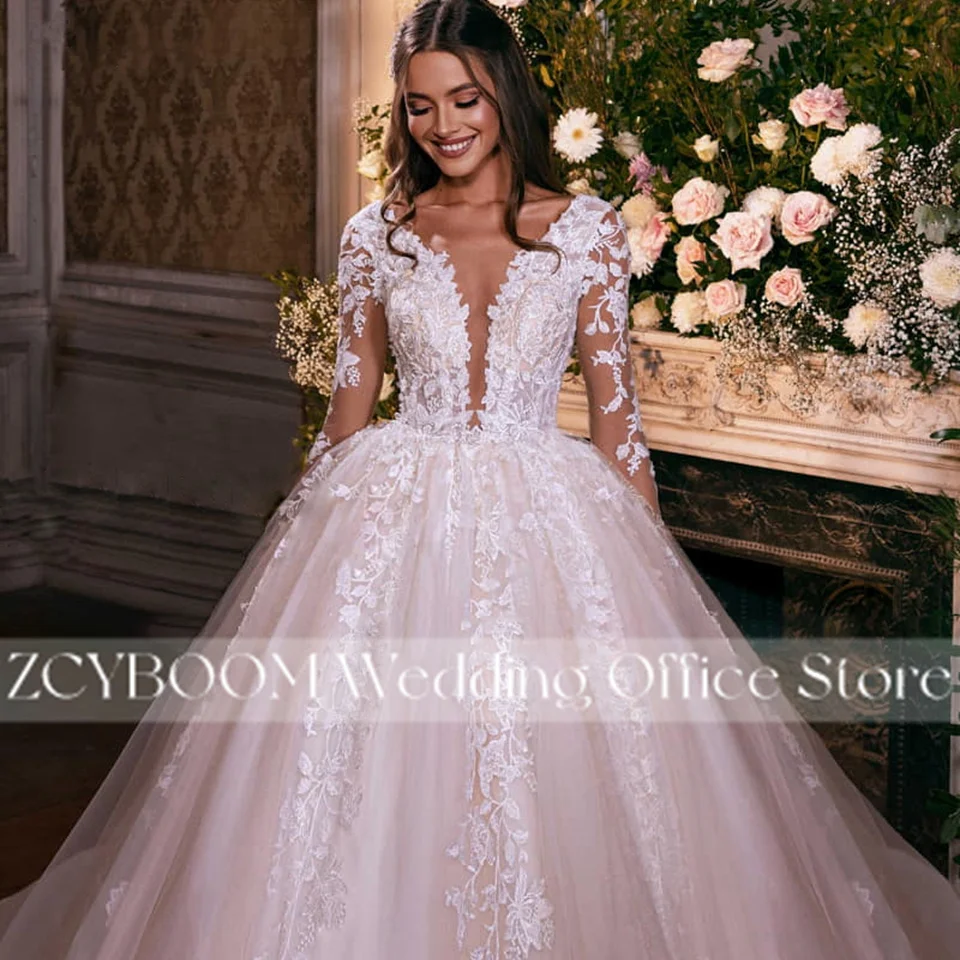 Abiti da sposa eleganti con scollo a V maniche lunghe illusione avorio 2025 Abiti da sposa con applicazioni in pizzo principessa Abiti da sposa Abiti da sposa