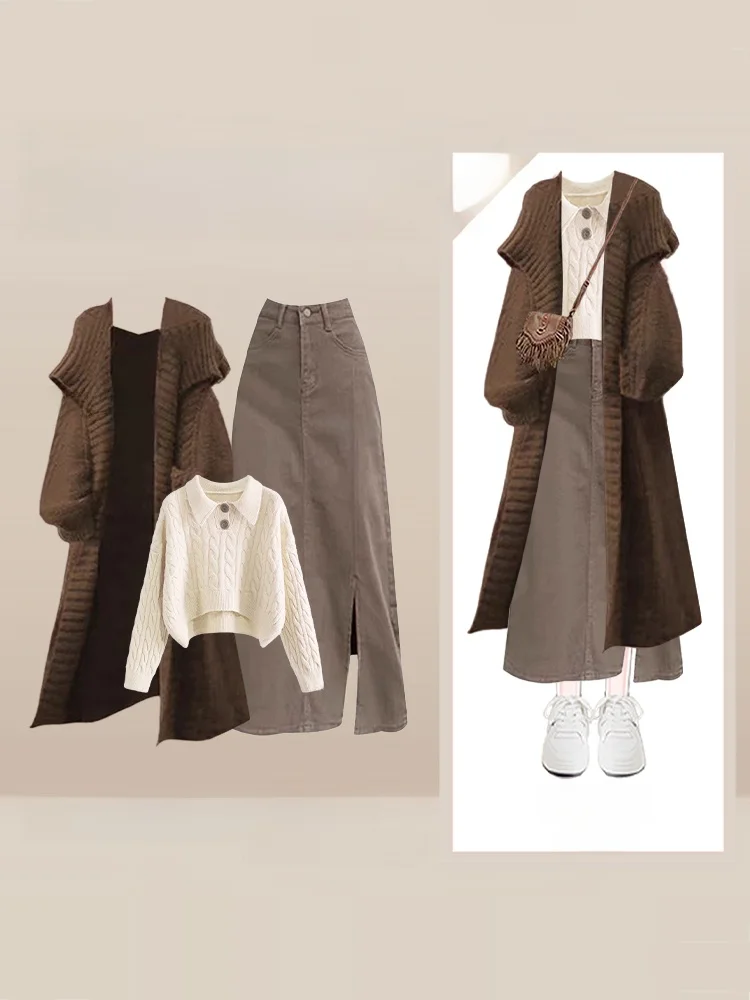 여성 가을 캐주얼 니트 자켓 루즈핏 미디 스커트 세트 라운드 넥 롱 슬리브 한국 스타일 패션