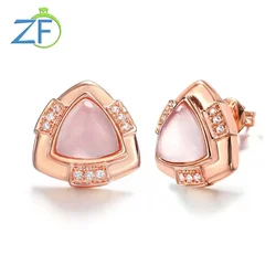 GZ ZONGFA Natural Pink Quartz 4ct Gems 14K Rose Gold Plated Original 925 Sterling Silver Stud Earrings for Women Fine Jewelry