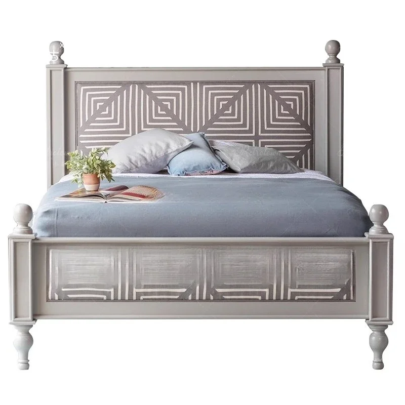 American retro solid wood modern double bed simple carved Roman column master