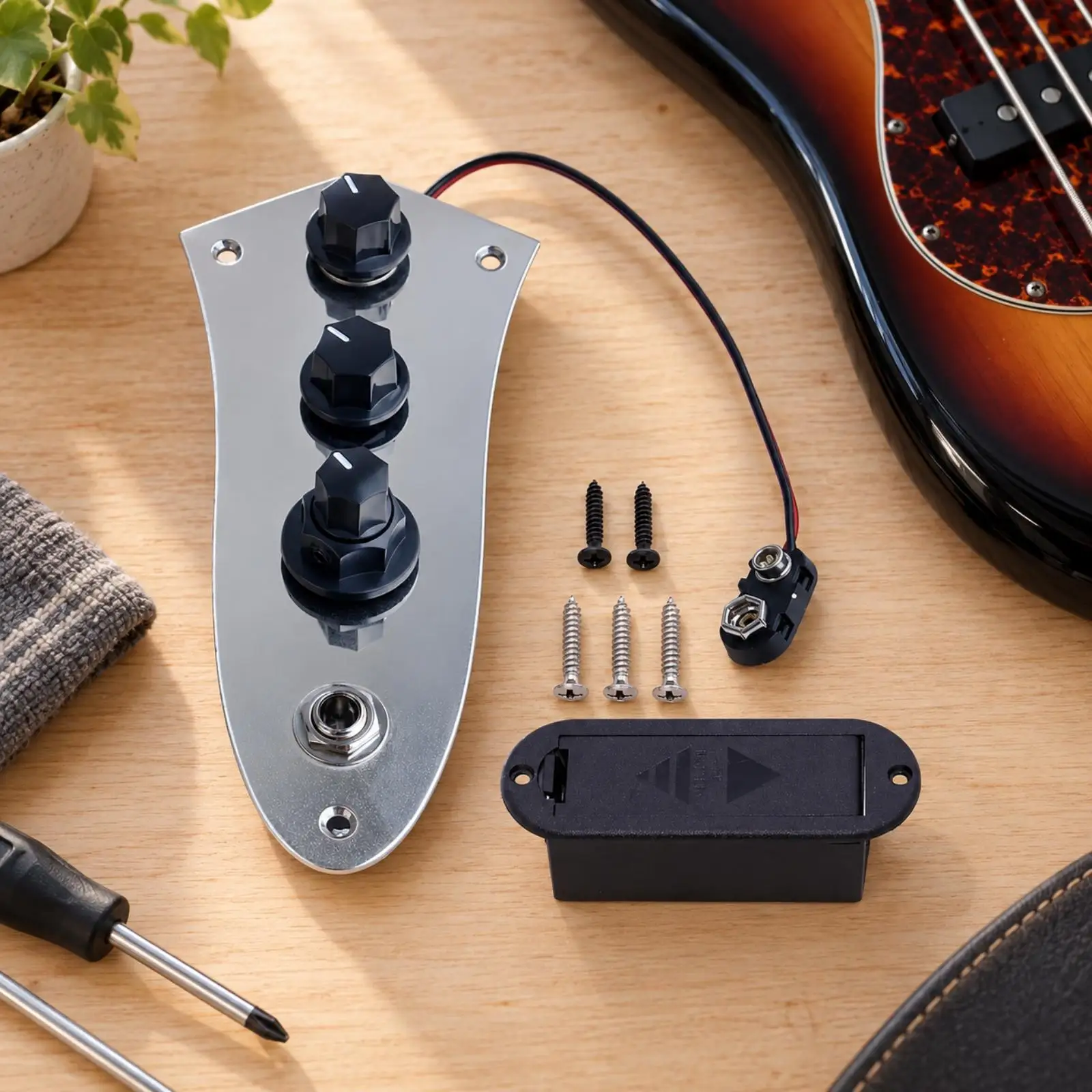 Bass Guitar Electronics Kit Prewired Control Plate Active Preamp 2 Band EQ with Knobs and Output Jack