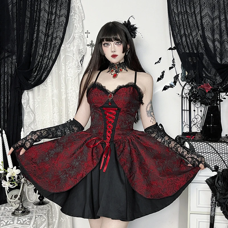 Black Gothic Red Rose Jacquard Spaghetti Strap Dress Fashion Lolita Lace-up Party Mini Dresses Vintage Women Halloween Dress