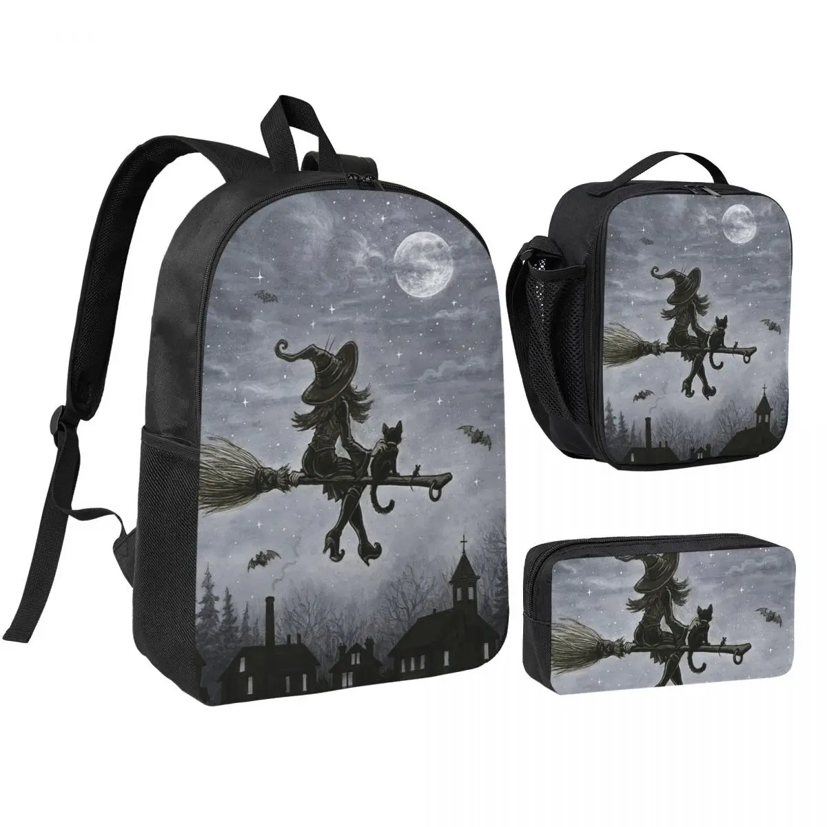 Witch And Cat Fly On Sky Backpack Boys Girls BookBag School Bag Shoulder Bags 3ps Insulated Lunch Bag Pencil Case