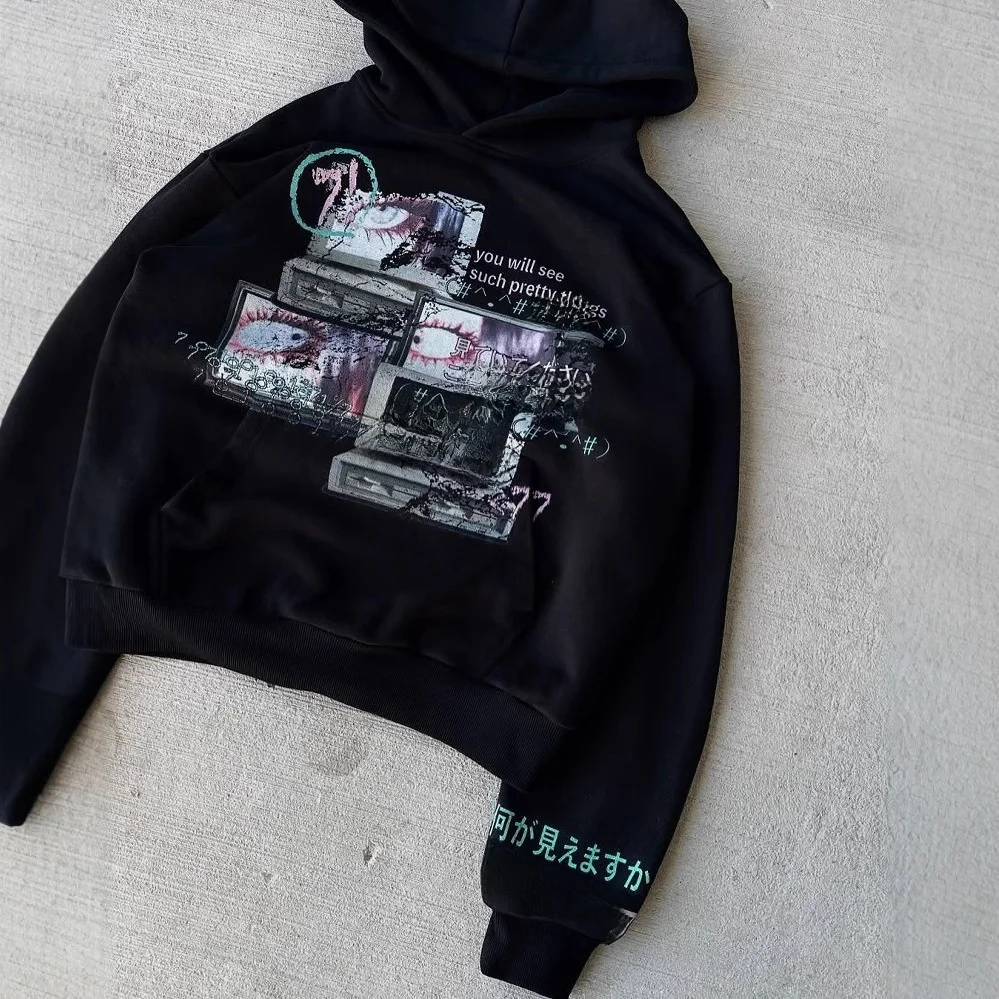 Street Style Long Sleeve Hoodie Sweatshirt Dark Print European And American Style Y2K Trendy Outerwear For Women