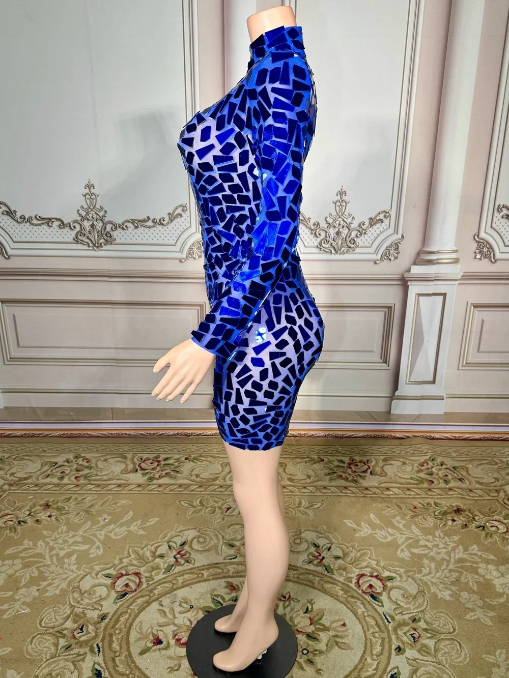 Sparkly Mirrors Short Dress Women Sexy Hollow Mesh See Through Evening Prom Party Birthday Dress Photo Shoot Show Stage Wear