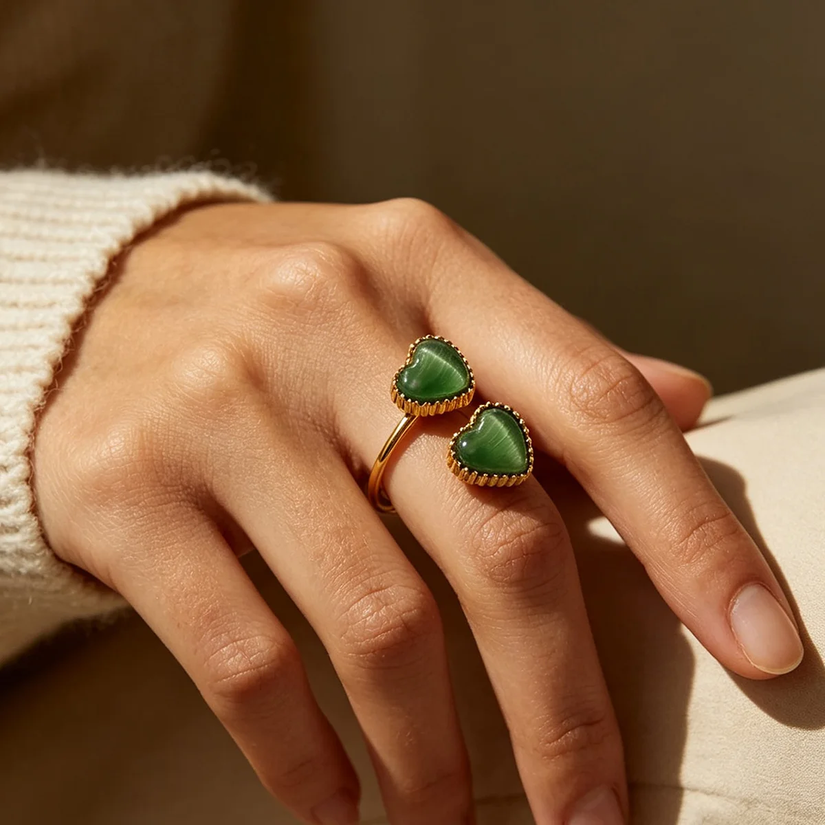 Fashion Double Green Opal Heart Rings For Women Gold Color Stainless Steel Heart Stone Ring Wedding Aesthetic Jewelry Gift