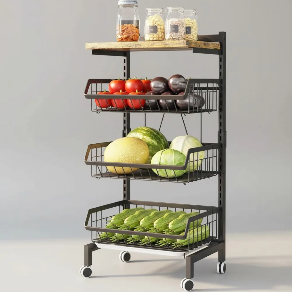 

4-уровневая регулируемая кухонная тележка на колесиках с деревянной столешницей, металлическая проволока для хранения фруктов, овощей, кладовой, органайзер