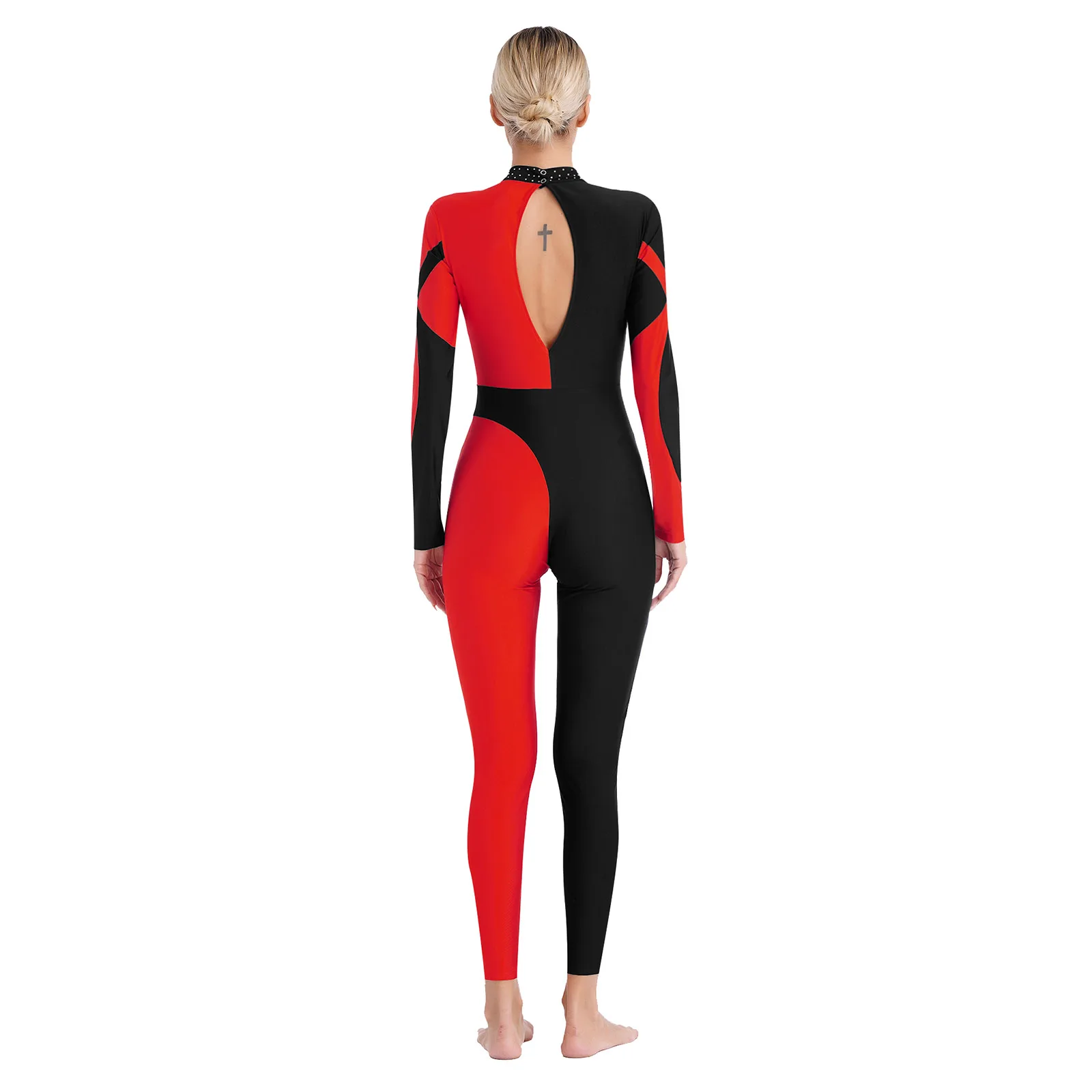 Women Gymnastics Leotard Dance Costume Contrast Color Patchwork Full Length Jumpsuit Keyhole Back Long Sleeve Mock Neck Bodysuit