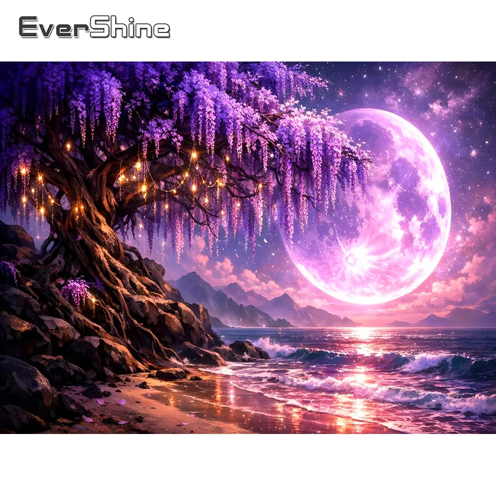 EverShine Diamantmalerei, Meereslandschaft, voller Drill-Stickerei, Kirschblüten, Strass, Mosaik, Mond, 5D, Heimdekoration