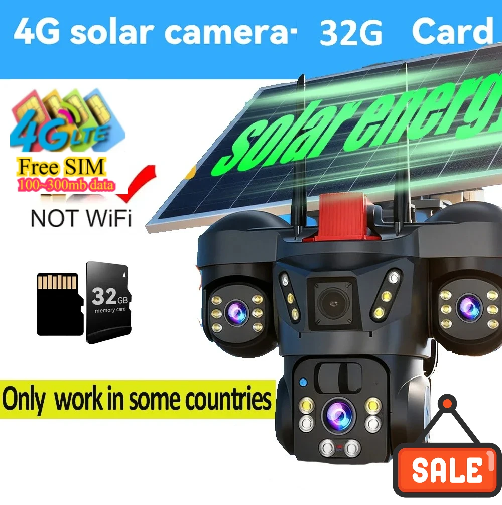 8K 15MP Draadloze WiFi Solar Camera Drie Lens Drie Scherm 4G Sim-kaart Solar Cam Menselijke detectie Outdoor Solar Surveillance V380 Zonne-energie Bewakingscamera Buiten, Solar CCTV Camera met