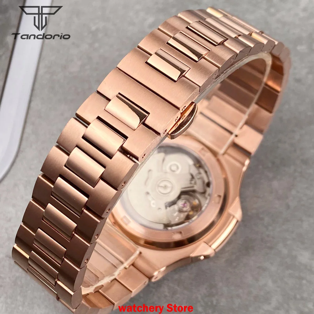 Jam Tangan Pria Retro Klasik Sporty Gerakan Otomatis NH35A Persegi Emas Mawar 40Mm Baru Kustom Gelang Baja Kaca Safir