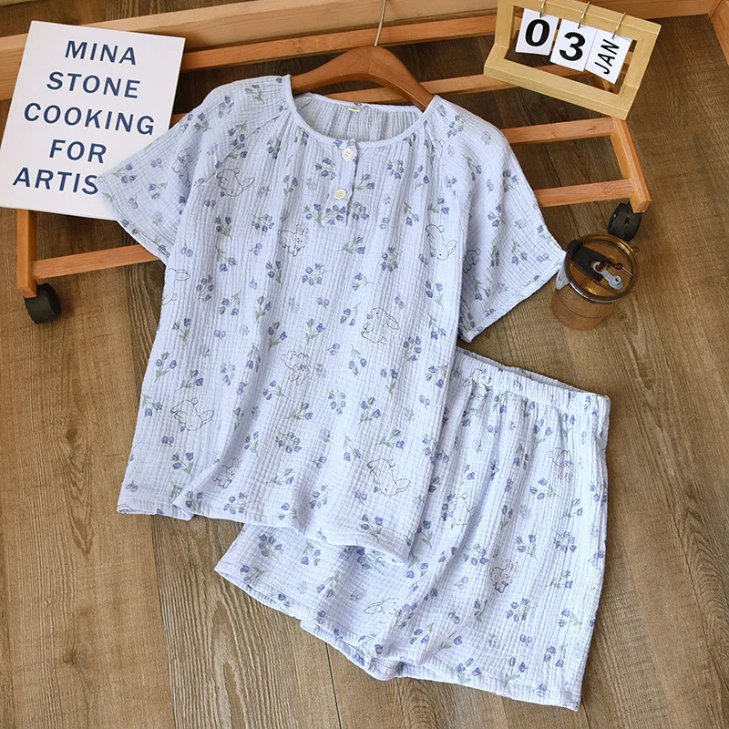 

Sweet fresh shorts pajama sets women 100% double gauze wrinkly cotton summer short sleeves pyjamas mujer sleepwear