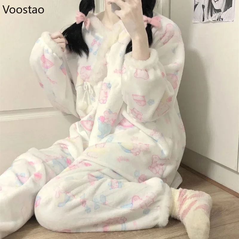 Autumn Winter Sweet Lolita Style Pajama Sets Women Kawaii Cartoon Bear Print Warm Sleepwear Girls Cute Coral Fleece Nightwear