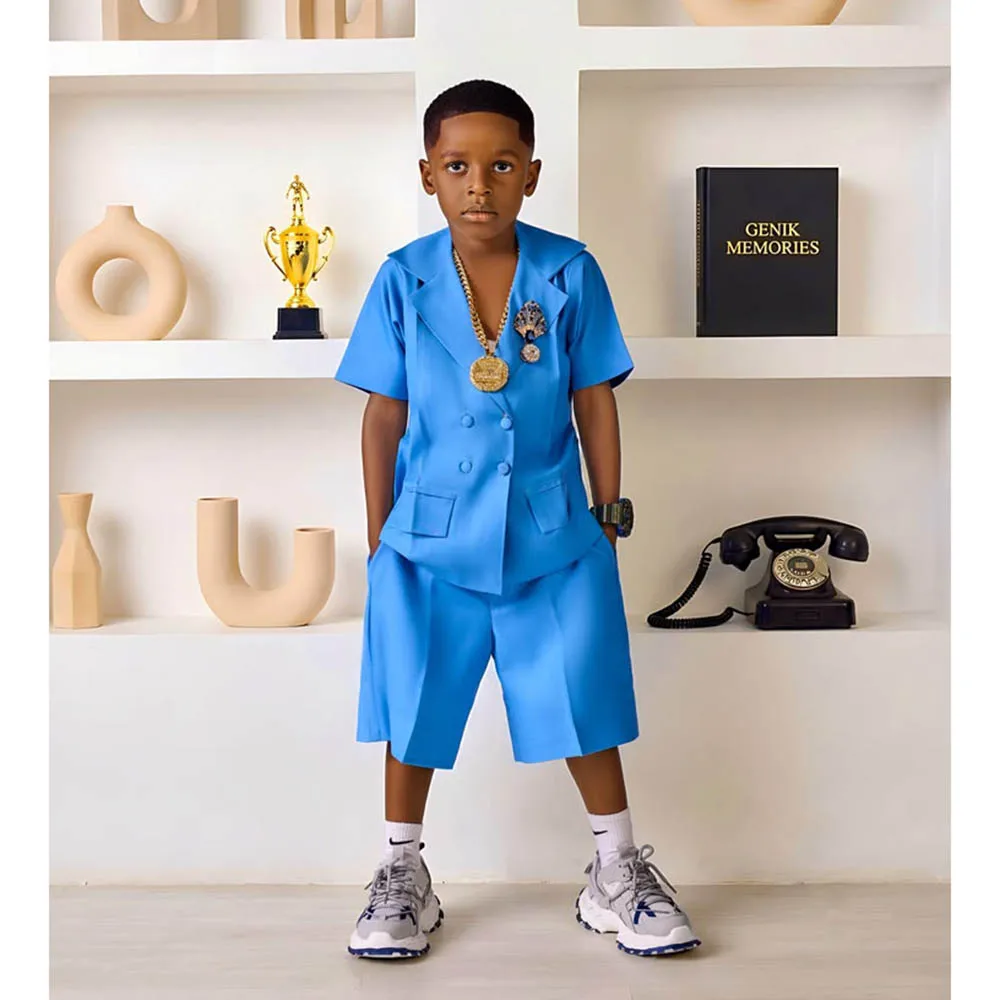 Boys Short Sleeve Suit 2 Piece Double Breasted Blazer Shorts Kids Summer Formal Outfit Costume For Daily Casual Party Wear