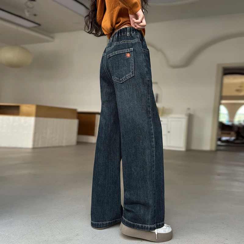 Kids High Waisted Washed Jeans Classic Trendy Street Straight Denim Pants For Girls Simple Style Jeans Trousers For Teens Child