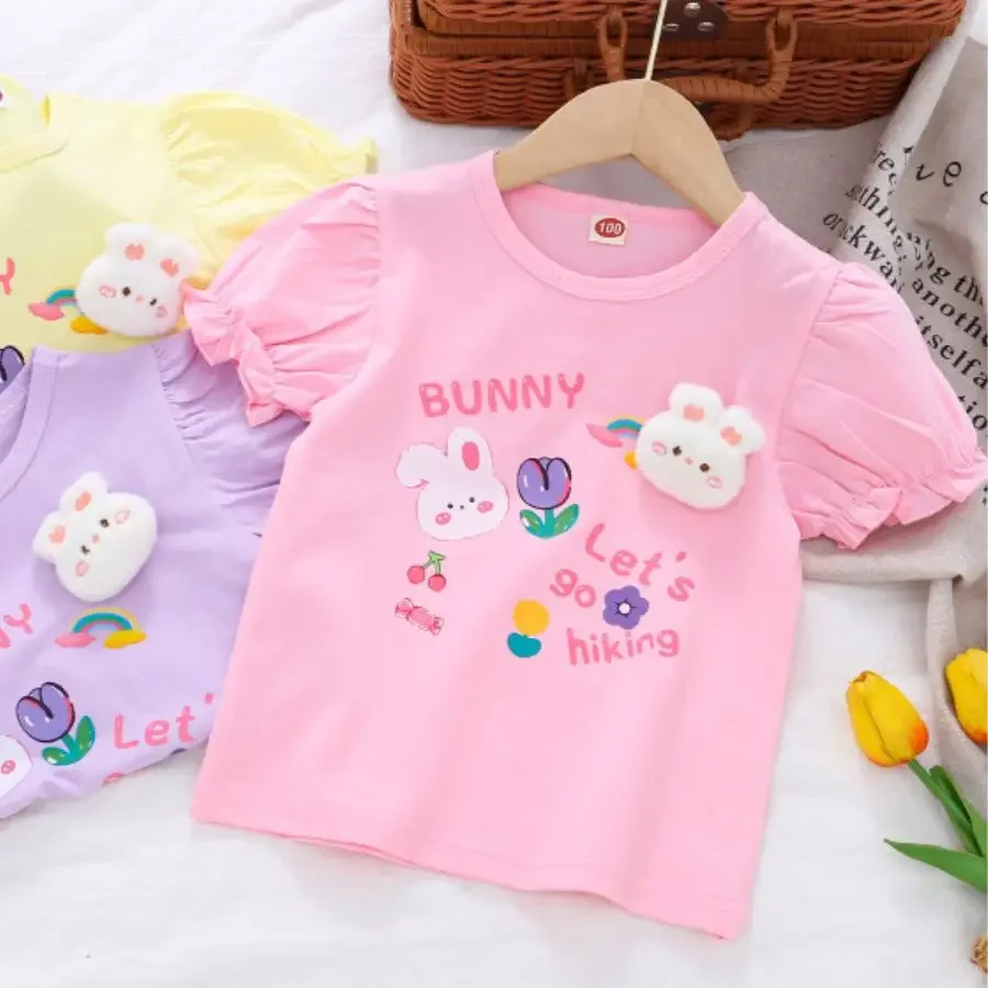 Children's Summer Short Sleeve Top 2025 New Style Girl's T-Shirt With Cute Bunny 3D Plush Design