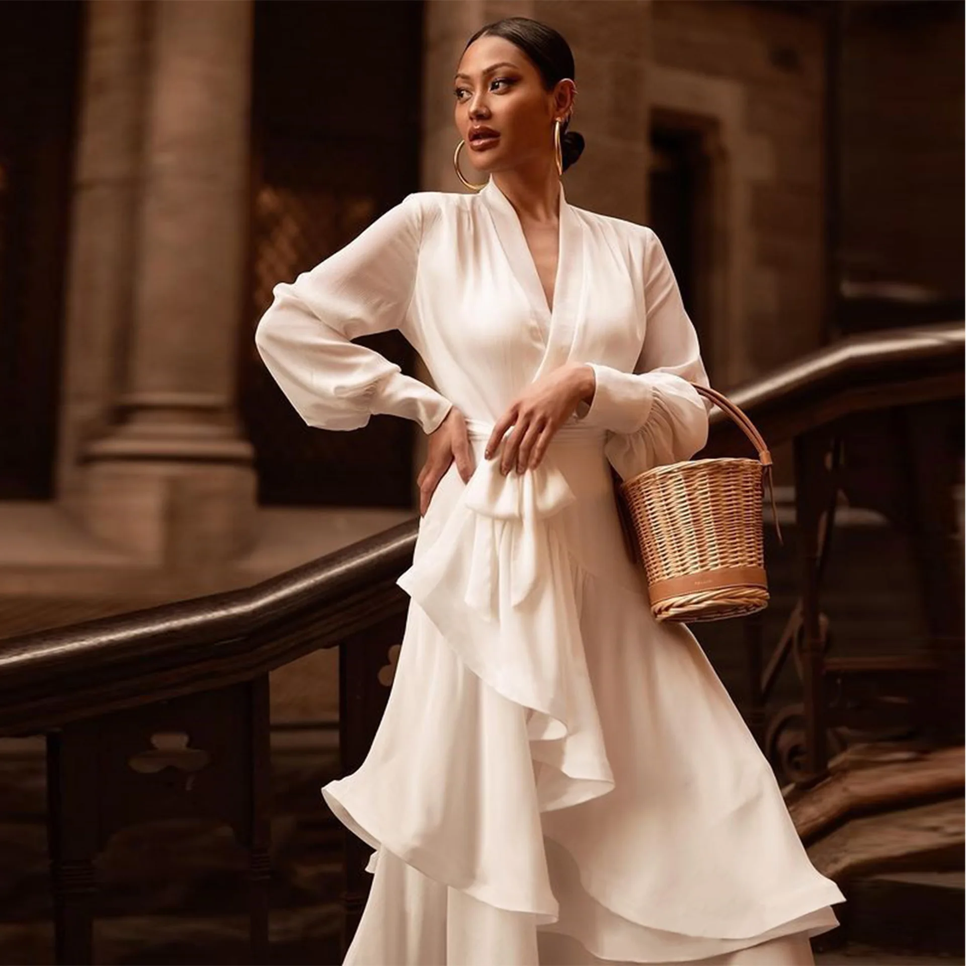 Elegant White Dresses For Women V Neck Long Sleeve High Waist Irregular Ruffles Maxi Dress Chic Evening Partyclub Spring Autumn