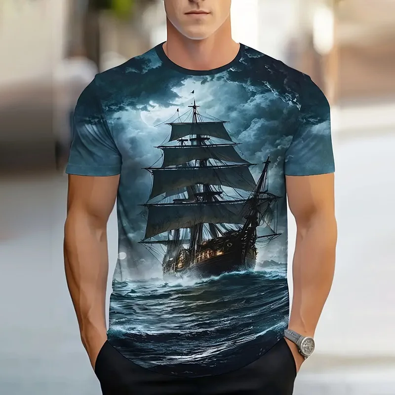 New Retro Pirate Ship Printing Short-sleeved Shirt Men Summer Breathable Round Neck Short-sleeved Classic Fashion Street T-shirt