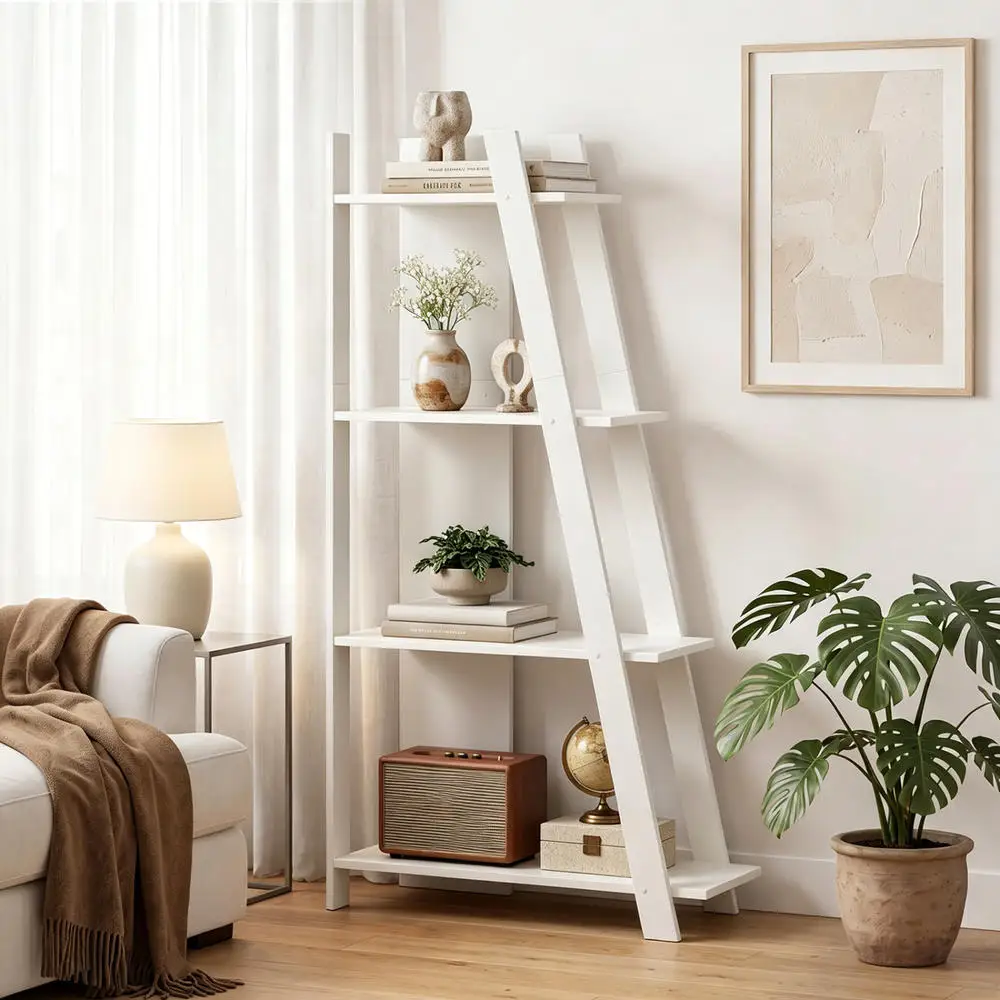 4-Tier Modern Bookshelf Wooden Vertical Display Book Shelf For Small Space-White