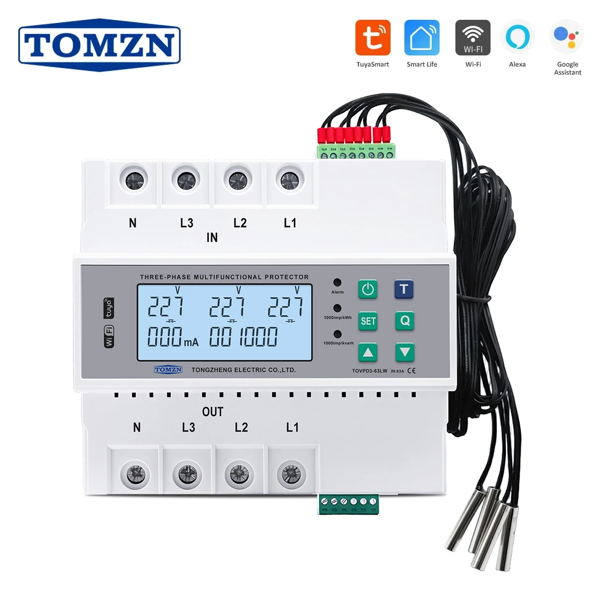 TOMZN WIFI Smart 3 Phase Multi-functional Protector 4P AC 3*230V 63A OVP OCP UVP Leakage Protection Voltage Current Display