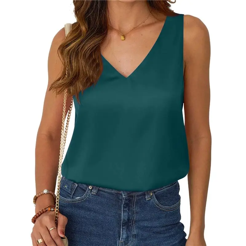 ABRT-여성 실크 새틴 탱크 탑 브이넥 여름 블라우스 민소매 셔츠 비즈니스 캐주얼 드레스 의상 휴가복