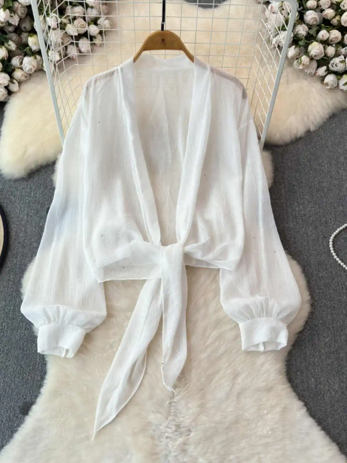 Tops holgados de Color sólido para mujer, cárdigan informal sencillo para ir al trabajo, diseño con cordones, cuello en V, mangas largas, verano