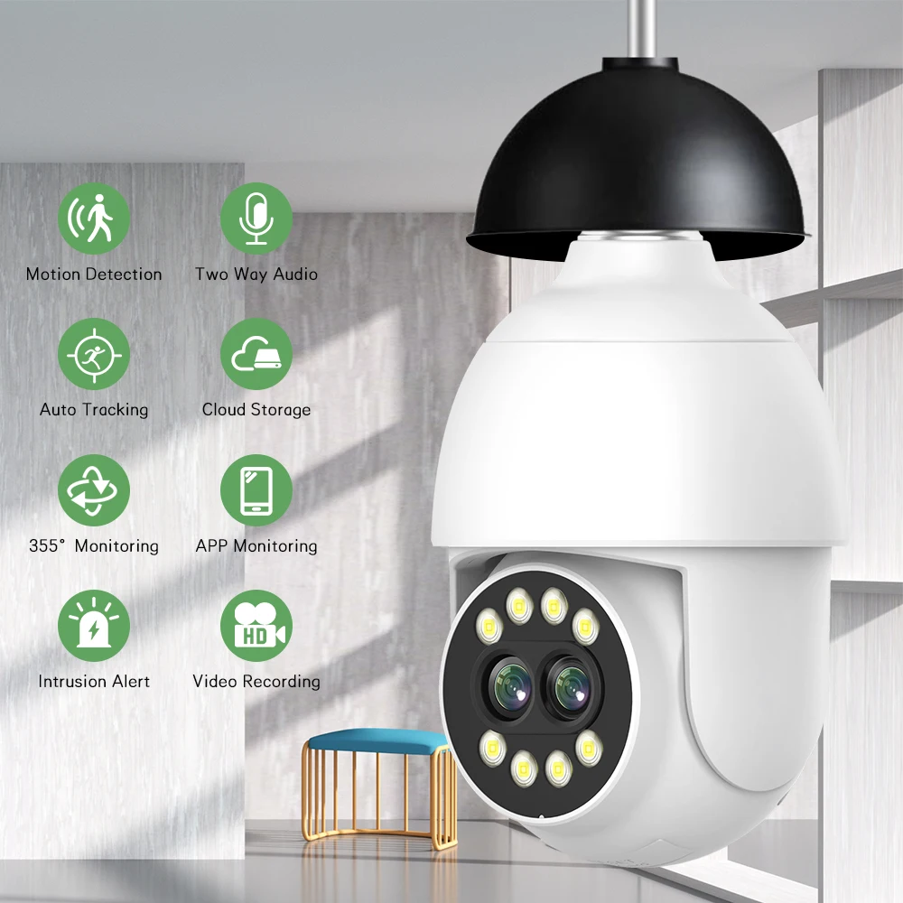 Dual Lens 2MP Wireless Bulb Lamp Surveillance Camera WIFI ICSee Smart Home MINI Wireless 360 PTZ Camera Indoor