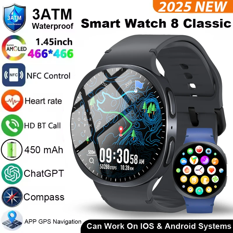 

2025 New Smart Watch 8 Classic 46mm Ultra HD Screen ChatGPT GPS NFC Compass Clock Bluetooth Call Waterproof Smartwatch Men Women