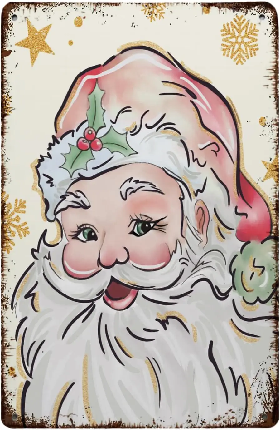 Retro Christmas Wall Art Metal Poster, Farmhouse Santa Claus Tin Sign Décor, Rustic Winter Print Decor for Home