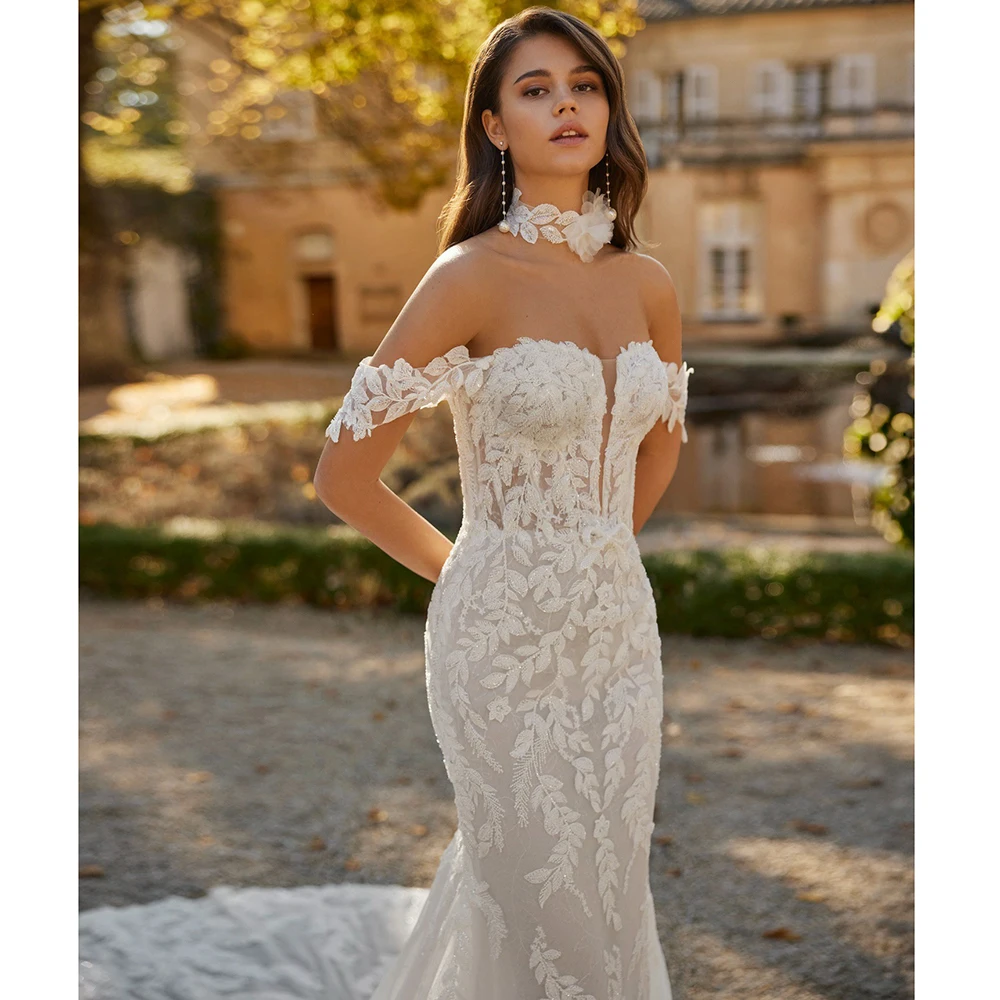 Elegant Boho Lace Mermaid Wedding Dress 2026 Off Shoulder Illusion Back Tulle Bridal Gown For Beach Church Wedding Custom Made