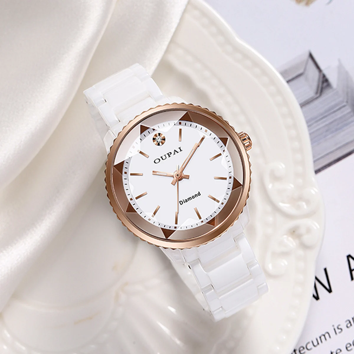 Часы OUPAI с круглым циферблатом, женские керамические японские кварцевые часы, изысканные светящиеся стрелки, водонепроницаемые, модные и элегантные