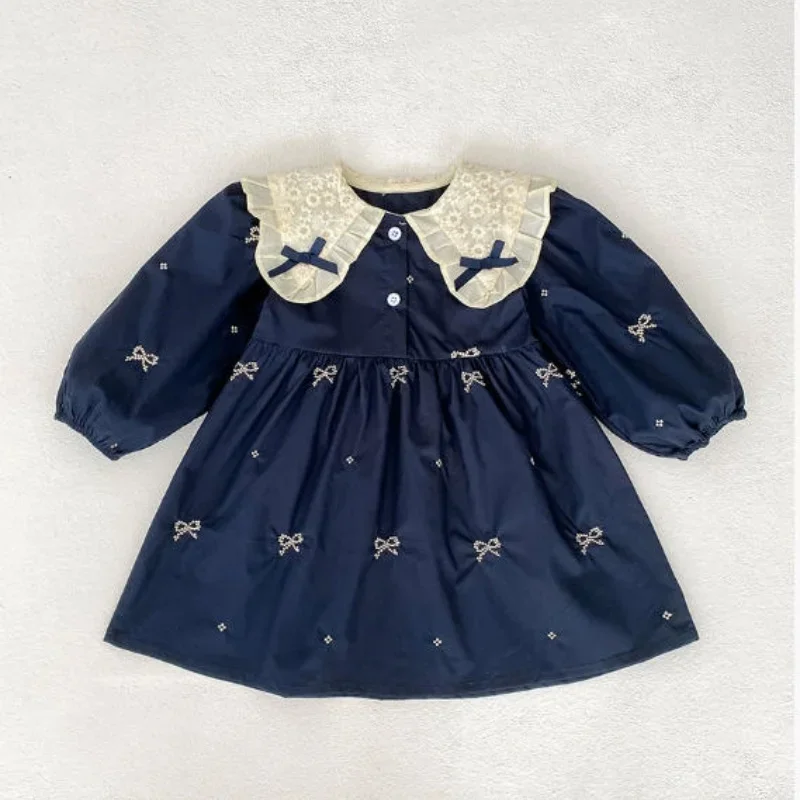 

New Girls Cotton Dress Autumn Lace Doll Collar Long Sleeve Embroidered Bow Princess Dress Children Casual Clothing
