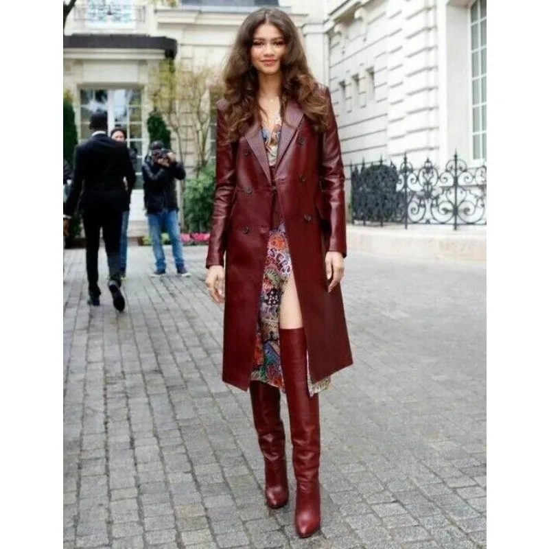 Women's Burgundy Pure Leather Trench Coat 100% Lambskin Stylish Long Coat