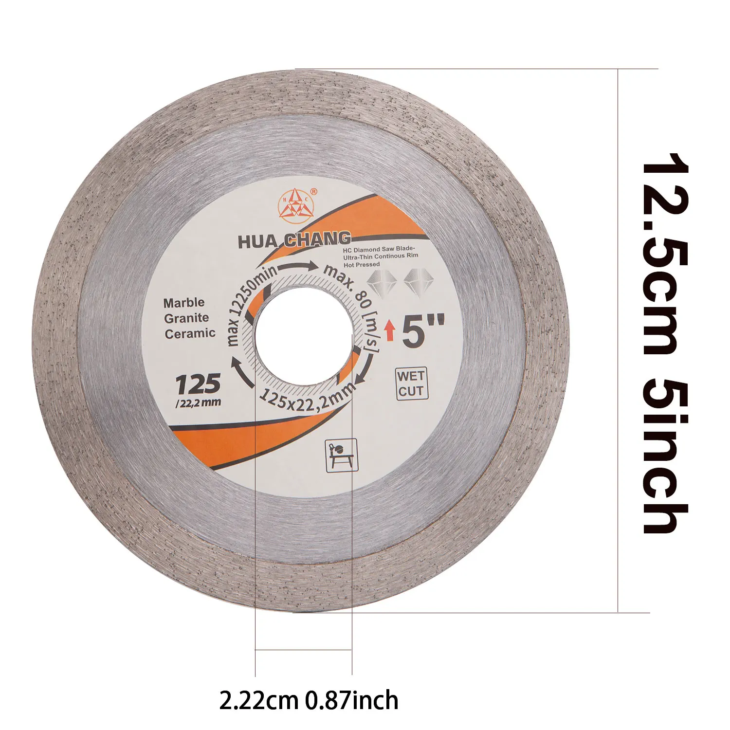 HUA CHANG 5 Inch/125mm *22.23mm Diamond Saw Blade Continuous Hot pressing Cutting Disc Circular Marble Concrete Ceramic Granite