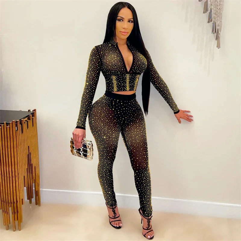Doyerl Glitter Rhinestones Sexy Club Outfits Woman 2 Piece Set Mesh See Through Long Sleeve Cropped Top and Pants Suit Birthday