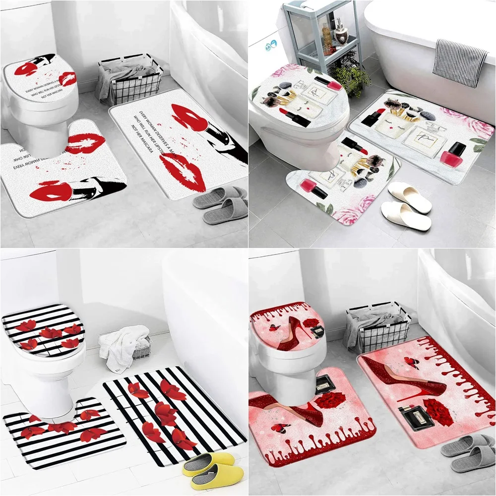 

Sexy red-lip heels Bathroom Floor mat Toilet seat Mat Black and White Striped Home Decor