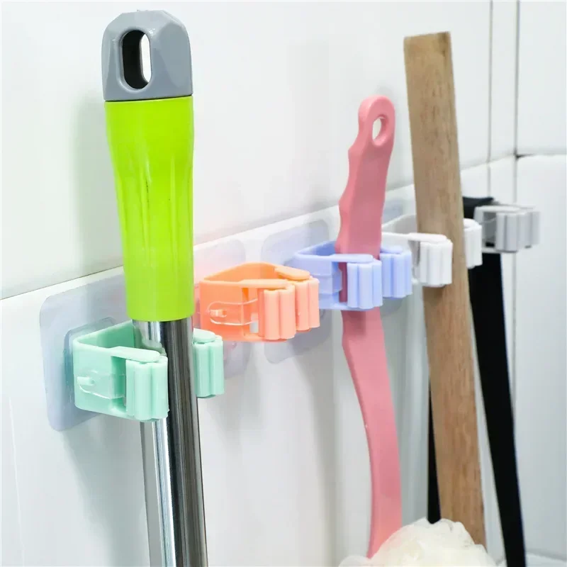 3pcs traceless mop clip, no punching broom hanging rack, wall mounted household storage rack, bathroom vacuum cleaner hook