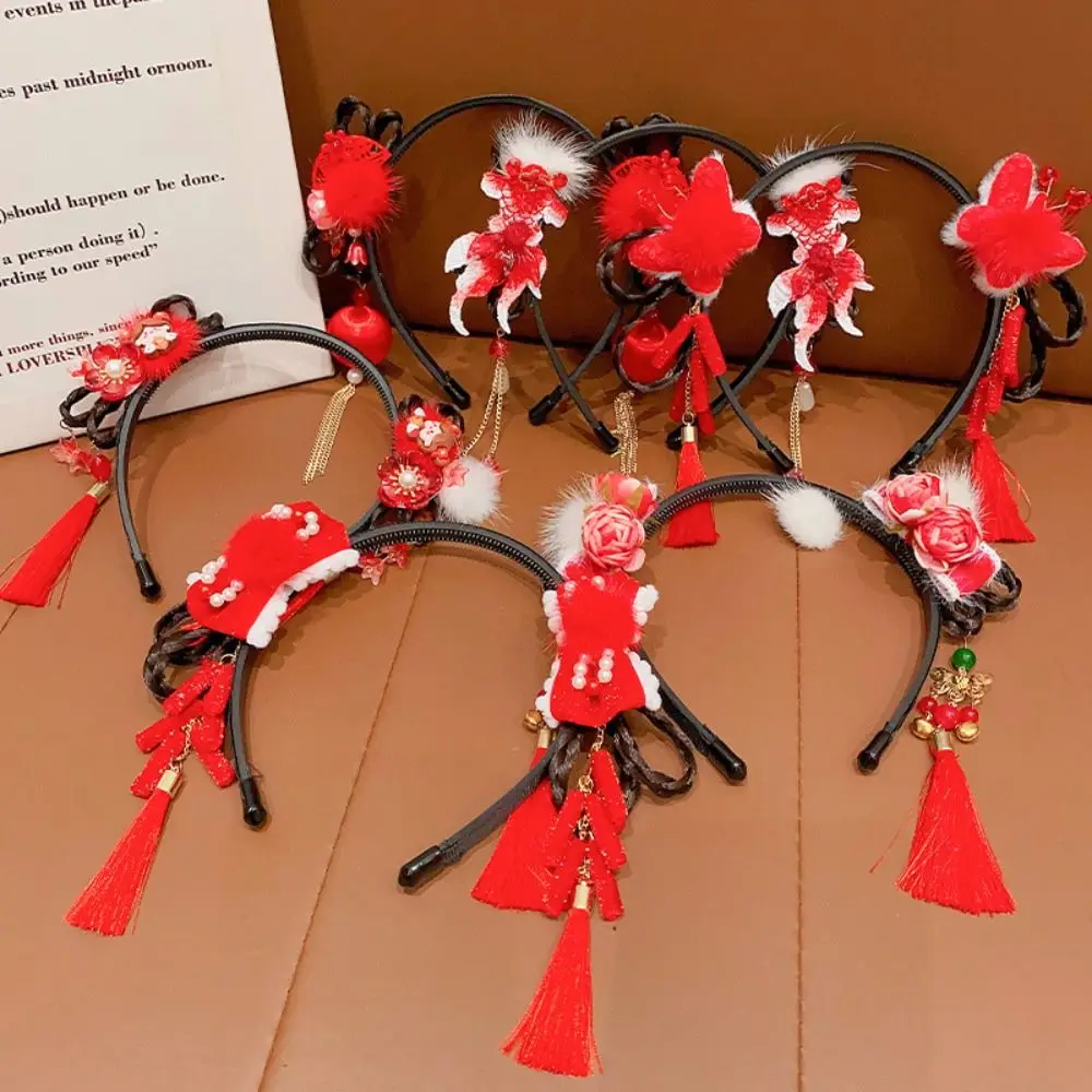 

Cute Chinese Style Hanfu Wig Headband Pearl Ancient Flower Tassel Headband Bow Pigtail Wig New Year Headwear Children