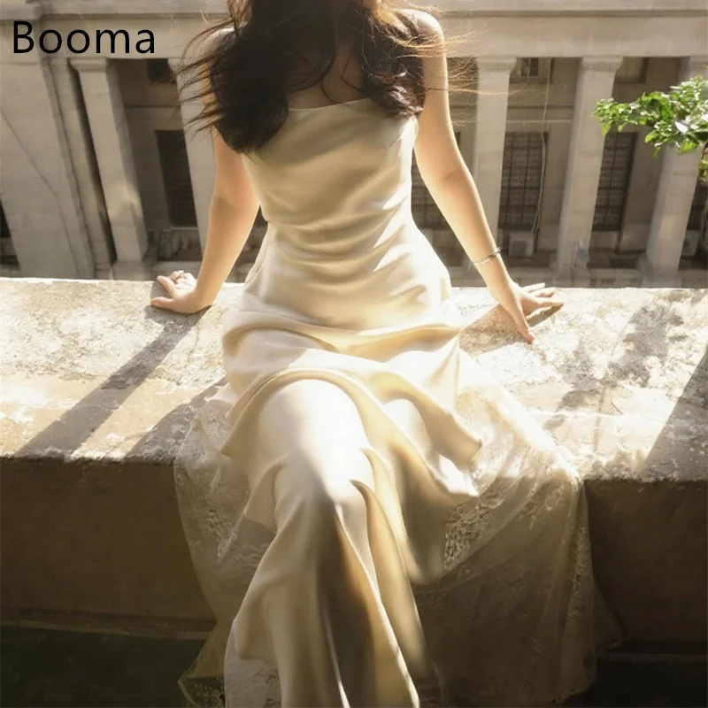 

Booma Simple Backless A-Line Lace Satin Wedding Dresses Long Spaghetti Strap Elegant Brides Gown Custom Made 2025