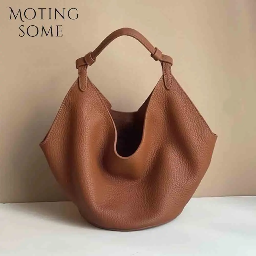 Motingsome 2024 New Woman Bag Cowhide Leather Bags Luxury Designer Bags Soft Underarm Shoulder Satchel Tote Retro Pouch Black