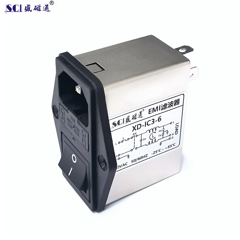 XD-IC3-6 Installed In Product Housing Support AC 250V 6A Rocker Switch Fused Female Connector Socket Power EMI Filter
