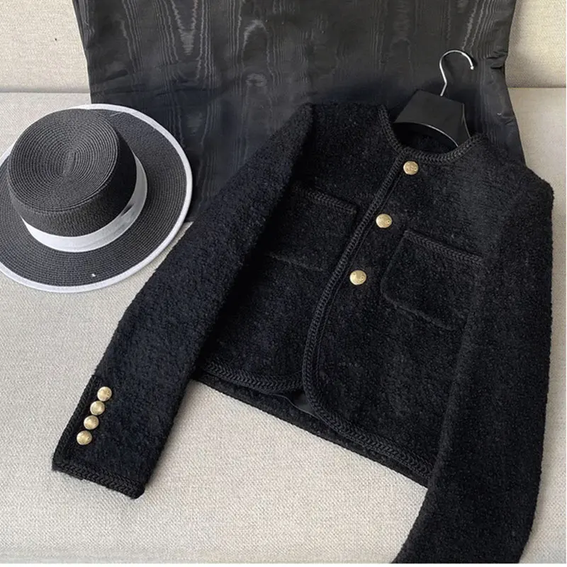 New High Quality Women Fashion Jackets Black Tweed Two Pockets Golden Buttons Elegant Coats Spring Autumn Women Clothes