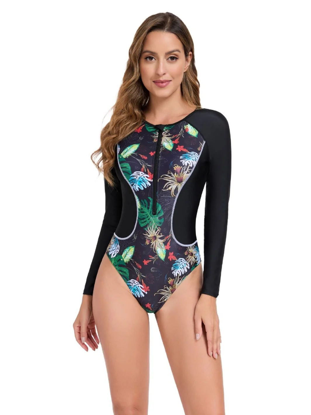 2025 New Women's One Piece Long-sleeved Printed Swimsuit Trunks Zipper Diving Suit Surf Female Swimsuit Beach Swimsuit Beachwear