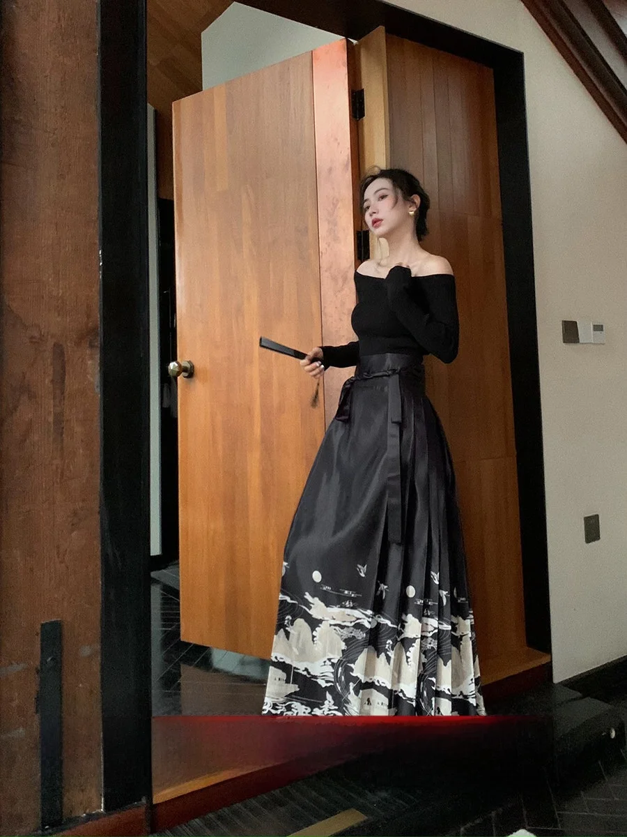 

New Chinese Sle Printed f Skirt Long Midi Gored Skirt Small Size Pleated Summer Skirt High Waist Polyester Fabric