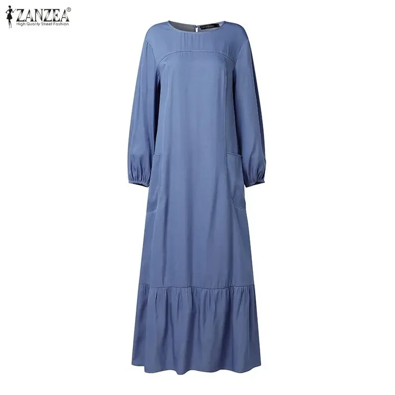 

ZANZEA Muslim Fashion Hijabs Women's False-Denim Long Dresses Islamic O-Neck Long Sleeve Loose Abaya Robes Modest Eid Maxi Dress