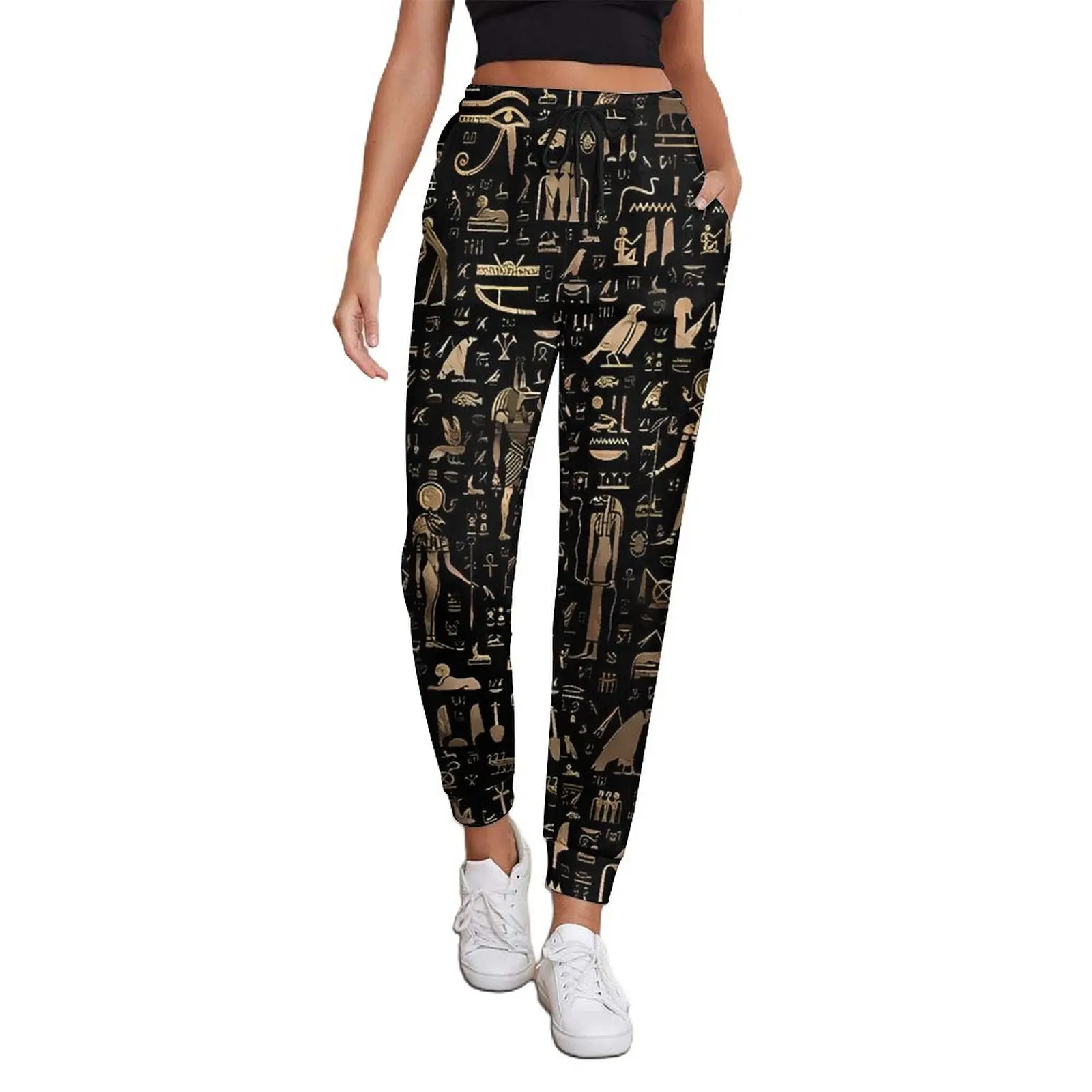 Ancient Egyptian Art Jogger Pants Women Black and Gold Street Style Joggers Spring Vintage Design Trousers Big Size 2XL