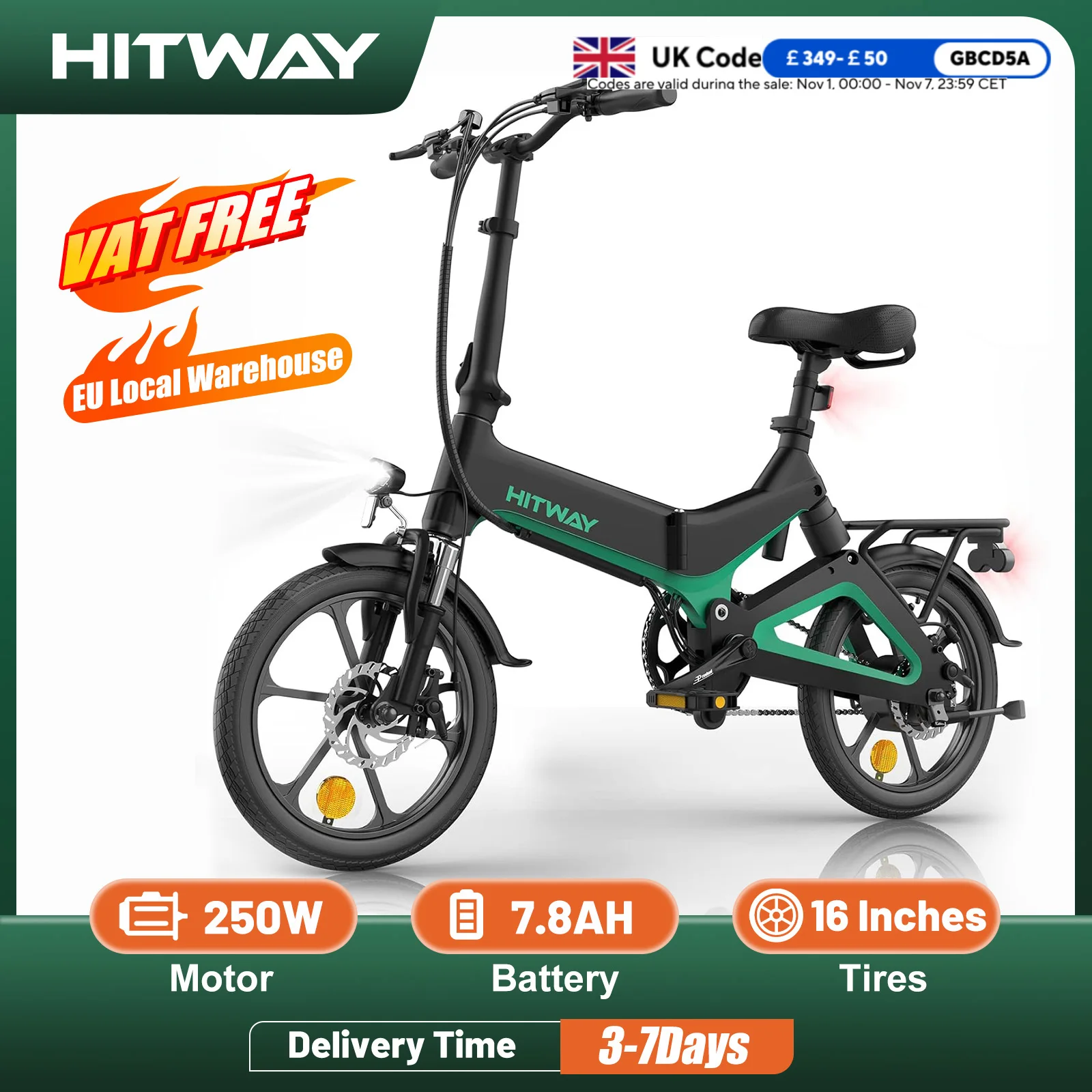 HITWAY Electric Bike 250W Foldable Pedal Assist E Bike with 7.8Ah Battery without accelerator, 16 inch for Teenager and Adults