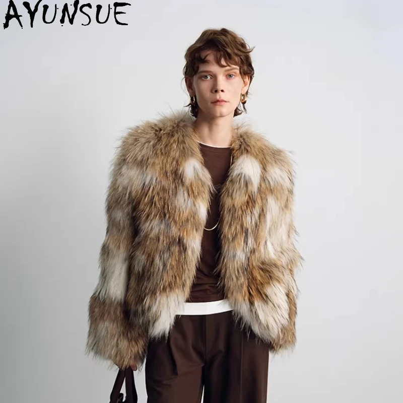 Abrigos de Piel de Mapache AYUNSUE para Mujer, Chaqueta Corta con Cuello de Piel de Zorro, Abrigo de Piel Elegante y de Lujo, Ropa de Mujer para Invierno
