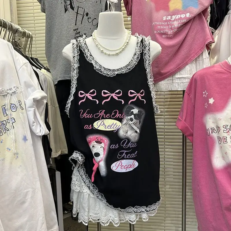 

Tops Tank Tops Women's Summer Japanese Style Bow Printed Lace Patchwork Sleeveless New Comfortable Casual Minimalist Fashionable