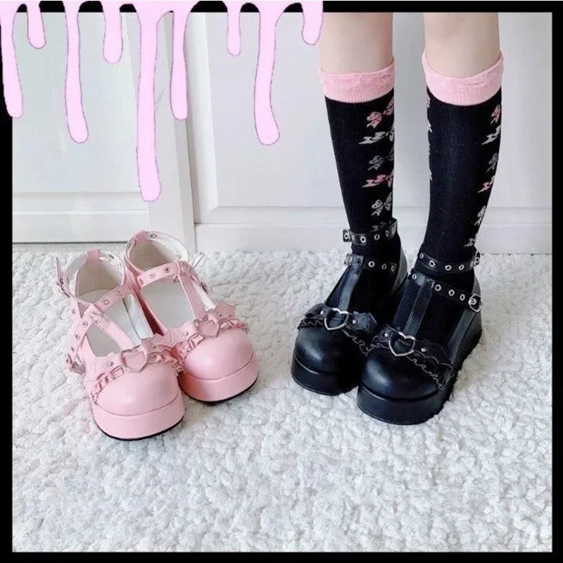 New Brand Girls Platform Wedges with Pink Heart-shaped Buckle Kawaii Lolita Japanese Shoes for Women shoes heels platform shoes